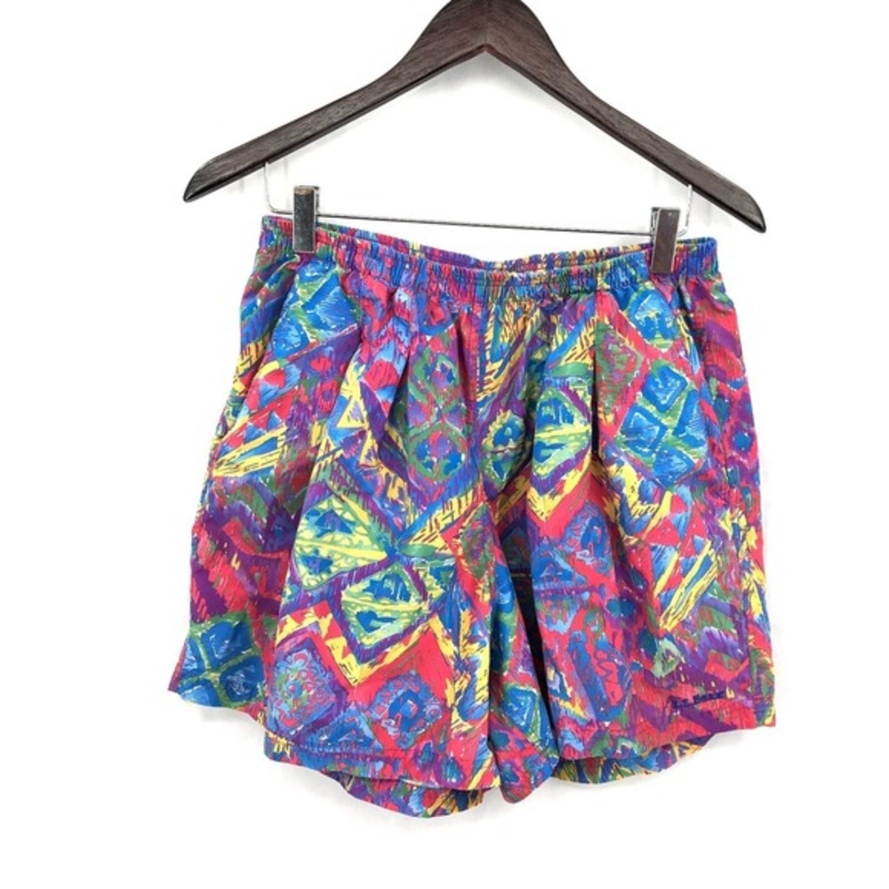 Vintage 80s 90s L.L. BEAN Quick-Dry Nylon pleated baggy Shorts Blue Abstract M L